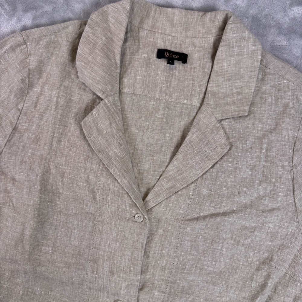 Quince 100% Linen Short Sleeve Button Up Camp Shirt Women Large Oatmeal Beige